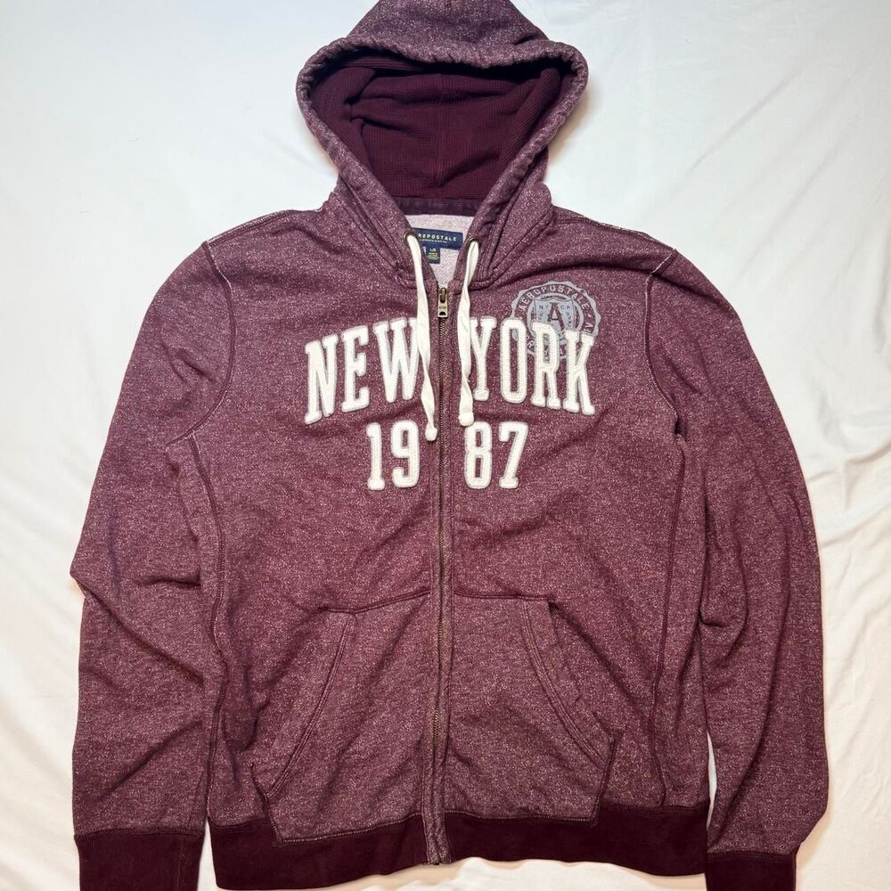2010s Aeropostale New York 1987 Burgundy Oversized Relaxed Embroidered Hoodie